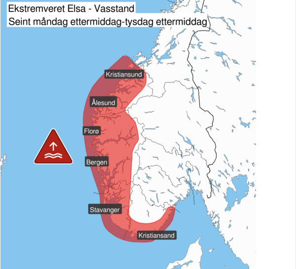 Raudt farevarsel som kan gi vass-stand opp mot 100 cm over det normale